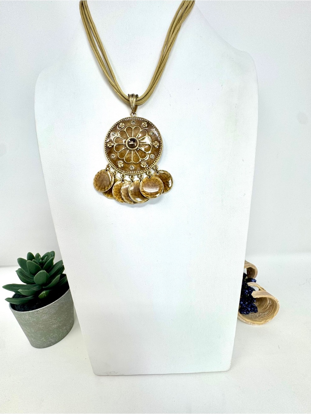 Vintage Boho Gold Tone Filigree Medallion Pendant Multi Strand Corded Necklace